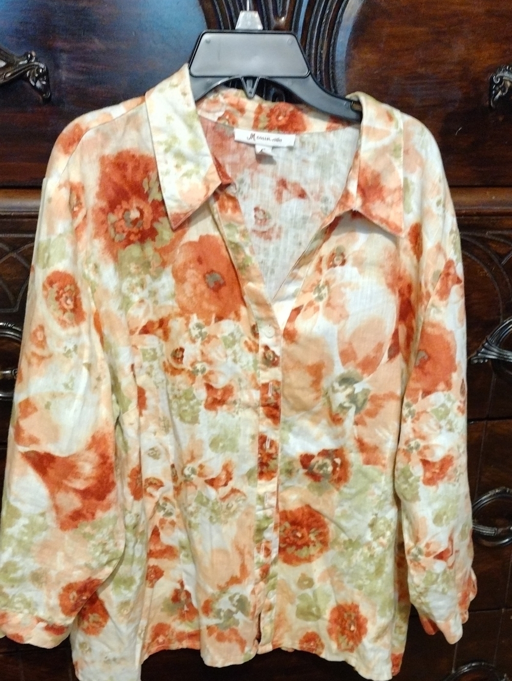 JM Collection Orange and Cream Floral Button-Down Shirt